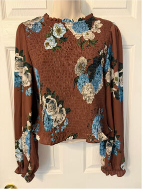 Maison d'Amelie Floral Smocked Long Sleeve Blouse Top Brown Blue Size M